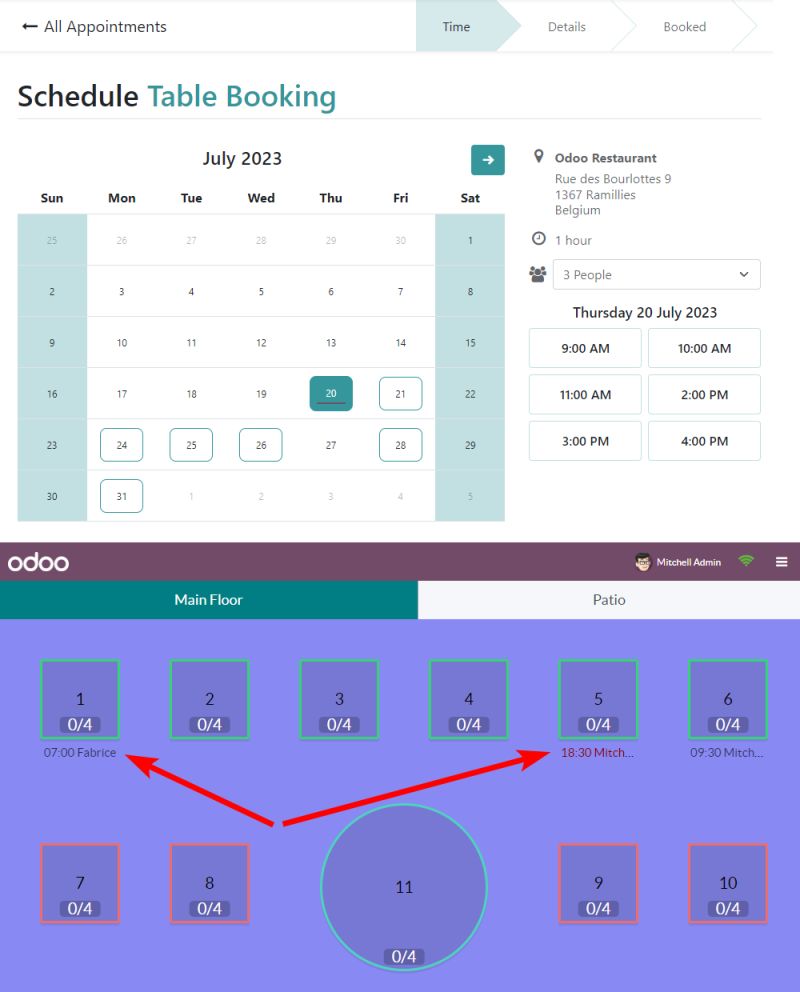 logiciel odoo 17, gestion des services à table, application de rendez-vous en ligne