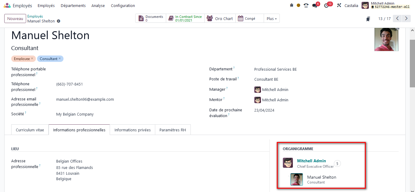 odoo 17, Odoo RH, vue hiérarchique du collaborateur