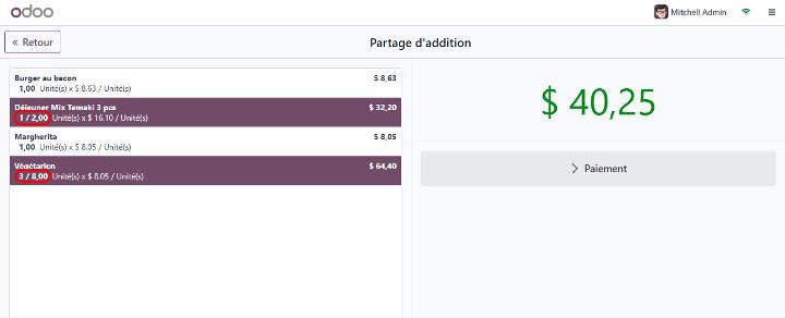Logiciel de caisse Odoo, partage de l'addition